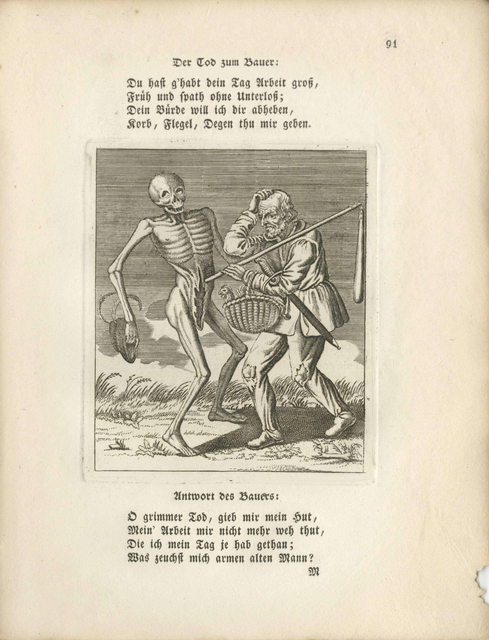 Illustrated book page with text and an image of a man with a sword and a chicken in a basket near a skeleton